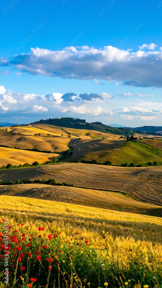 Fototapeta premium Rolling hills, golden fields, wildflowers