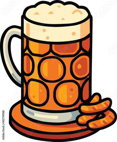 Beer mug with frothy foam and pretzels on a coaster, traditional Oktoberfest drink concept perfect for festival, brewery, pub, bar, party, and German celebration themes