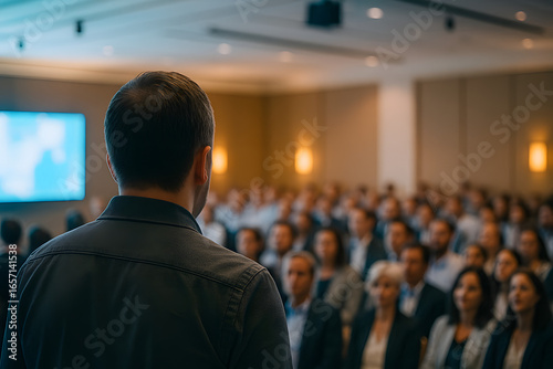 Masterful Address: A confident speaker delivers an inspiring speech to a captivated audience in a vast conference hall, spotlighting leadership, innovation, and the power of ideas.