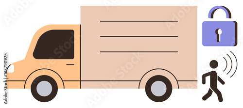 Cargo truck near a secured padlock and person activating remote access. Ideal for logistics, security, transportation, keyless entry, delivery service, privacy, simple flat metaphor