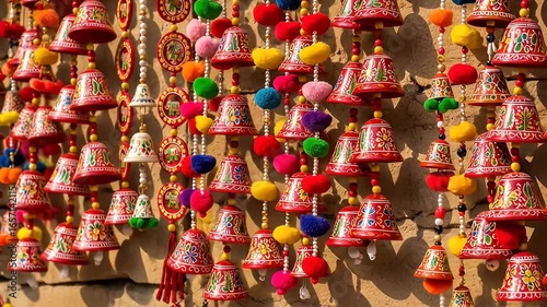 Rows of Ornamental Colorful Bells and Pom Poms Hanging as Festive Decorations on Textured Wall Background at Outdoor Indian Craft Market