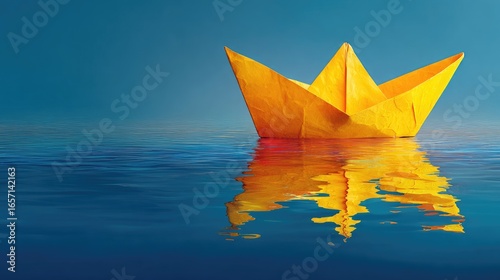 Yellow paper boat floats on still water
