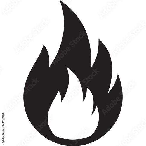 Simple black fire flame icon isolated on white background, representing heat, energy, and danger in a minimalist graphic design