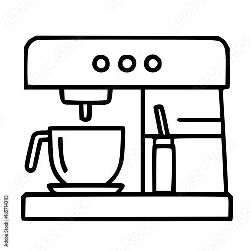 Outline illustration of modern electric coffee maker machine with cup and hot drink brewing