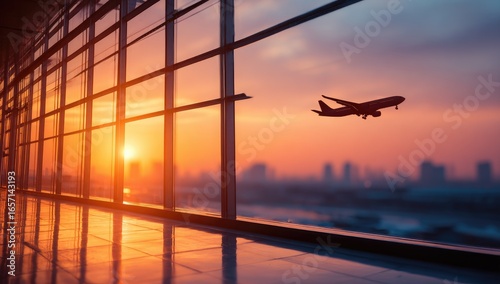 Airplane taking off over city at sunset through airport windows
