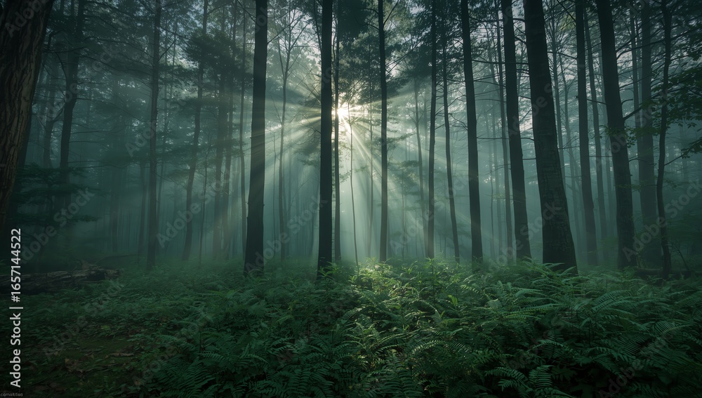 Naklejka premium Sunlight Streaming Through a Dense Forest A Serene Natural Landscape