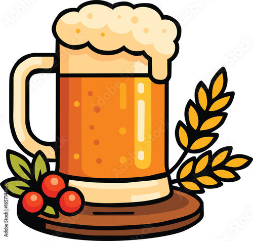 Beer mug with frothy foam, barley ear, and berries on wooden coaster, traditional Oktoberfest drink concept perfect for festival, brewery, pub, bar, party, and German seasonal celebration themes