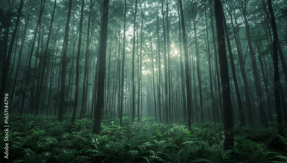 Fototapeta premium Misty Forest Path Bathed in Sunbeams A Serene Natural Landscape