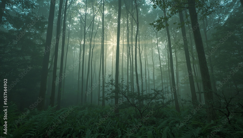Fototapeta premium Enigmatic Fog-Shrouded Forest Sunbeams Piercing the Mist