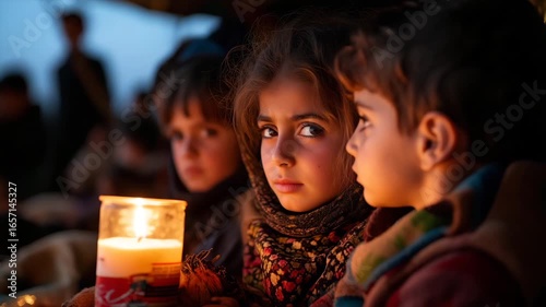 Young refugees holding a candle in a camp at night