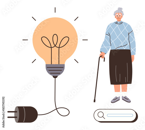 Elderly woman with cane near illuminated lightbulb connected to an unplugged cord and a search bar. Ideal for aging, innovation, technology, problem-solving, wisdom, senior care, simplicity. A simple