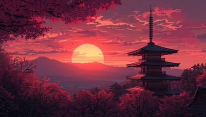 Leinwandbilder Purpur Serene Japanese landscape with a traditional pagoda and cherry blossoms during a vibrant red sunset over the mountains.  © Rani