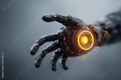 Dark robotic hand with glowing orange HUD interface and sparks