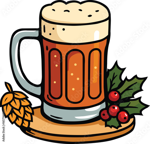 A glass of beer with frothy foam, hop cone, and holly berries on wooden coaster, festive drink concept perfect for Oktoberfest, Christmas pub, bar, party, winter brewery, and German celebration themes