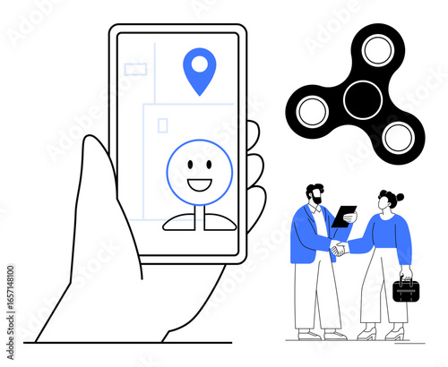Hand holding smartphone displaying GPS location and smiling avatar, spinner for fun, business handshake representing collaboration. Ideal for navigation, collaboration, technology, fun, innovation