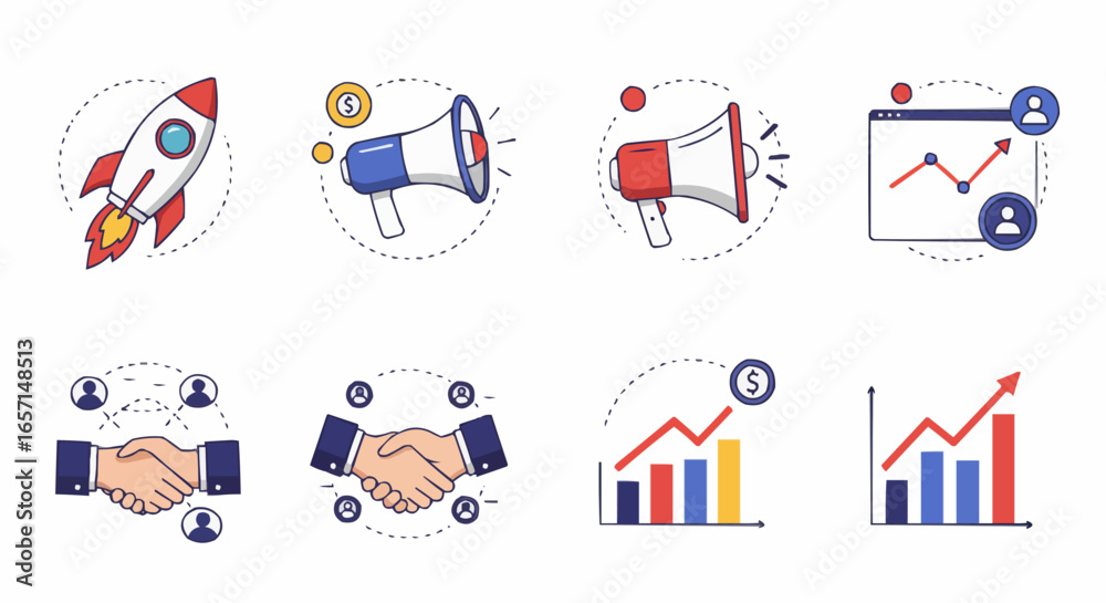 Fototapeta premium Vector icons of business growth, communication, and analytics