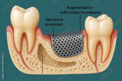 Regenerating lost jaw bone using a guided bone regeneration procedure involving a metal membrane to augment the bone structure and support dental implants