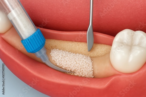 Close up view revealing dental surgeon performing guided bone regeneration, filling surgical site with specialized granules using precise instrumental techniques