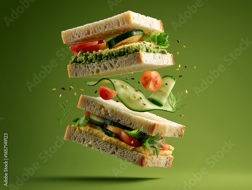 Vegan sandwich with fresh vegetables floating in mid-air, green background