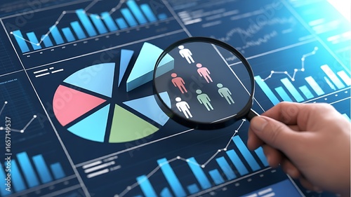 Magnifying glass focuses on people icons within a financial data chart, symbolizing analysis and insights.