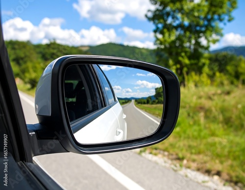 Scenic road view from car side mirror