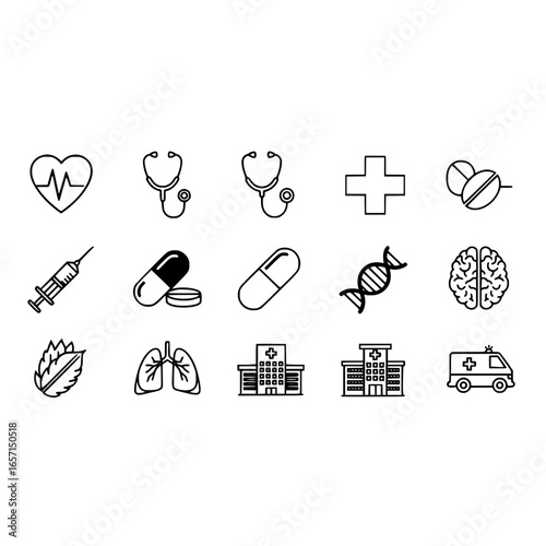 Medical healthcare icons set vector illustration heart stethoscope hospital dna brain lungs ambulance pills