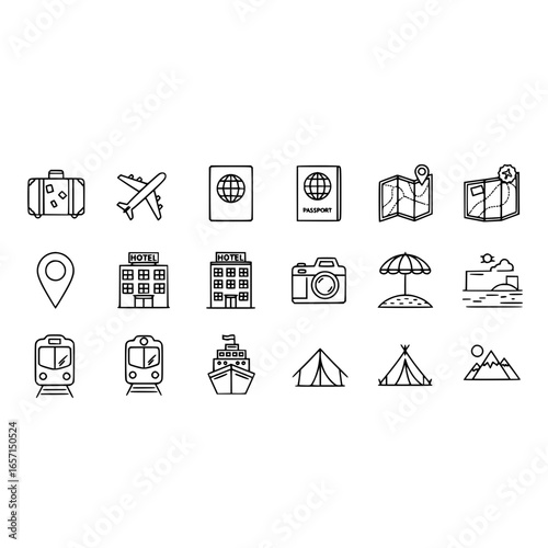 Travel vacation tourism holiday trip journey adventure destination passport map hotel transport icons vector set