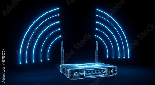 Futuristic glowing blue digital router emitting wireless wifi signals on a dark background