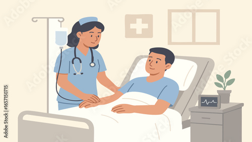 vector illustration of a hospital room showing a nurse caring for a patient lying in bed