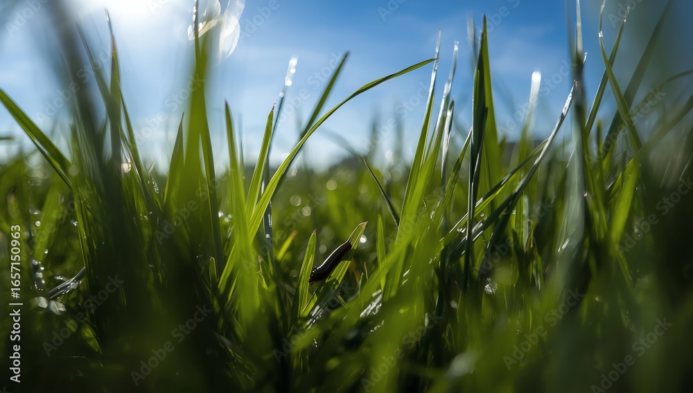 Obraz premium Sunlit Blades Close-Up of Fresh Green Grass Reaching for the Sky
