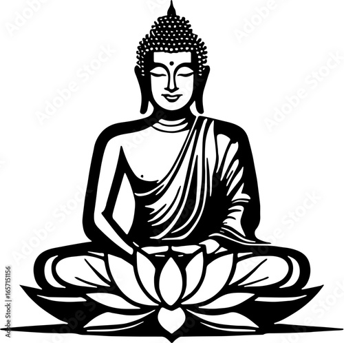 Black and white vector illustration of Buddha sitting on a lotus flower in meditation pose. Perfect for yoga, mindfulness, spiritual, Buddhism, and meditation themed designs