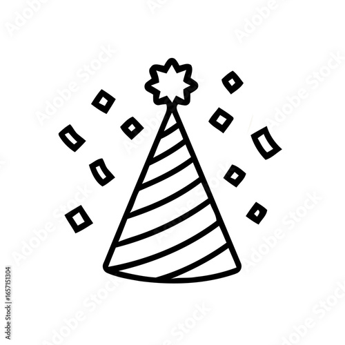 Line drawing of a party hat with star topper and square confetti