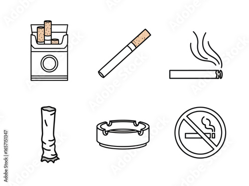 Cigarette Elements Showing Smoking Hazards and No Smoking Icon Graphic