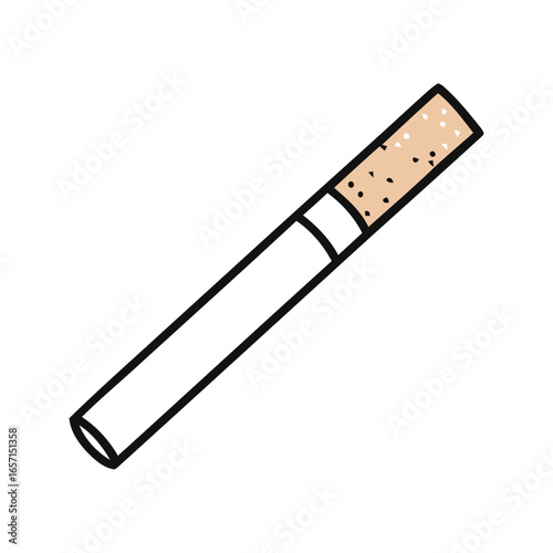 Single lighted cigarette with white filter on a plain surface