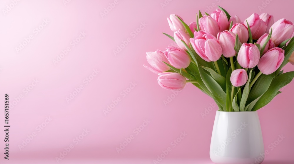 Fototapeta premium Pink Tulip Bouquet in White Vase Against Soft Pink Background