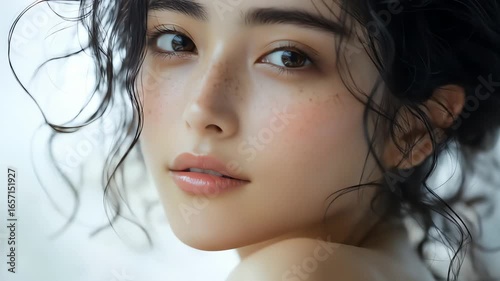 A closeup sideprofile portrait of a young womans face with wet dark hair