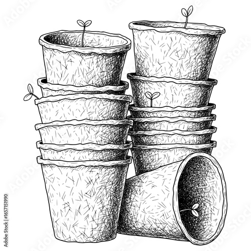 Stack of Biodegradable Seed Pots with Hand-drawn Style