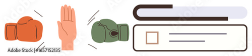 Boxing gloves in red and green facing a raised hand representing mediation, set alongside a checklist and book. Ideal for themes thumbs up conflict resolution, teamwork, negotiation, decision-making