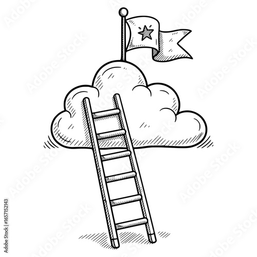 Ladder with Flag Achieving Goals Icon with Hand-drawn Style