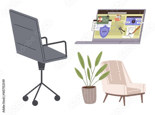 Laptop displaying online workspace with calendar and notifications, ergonomic chair, casual armchair, potted plant. Ideal for productivity, remote work, communication, modern design, comfort