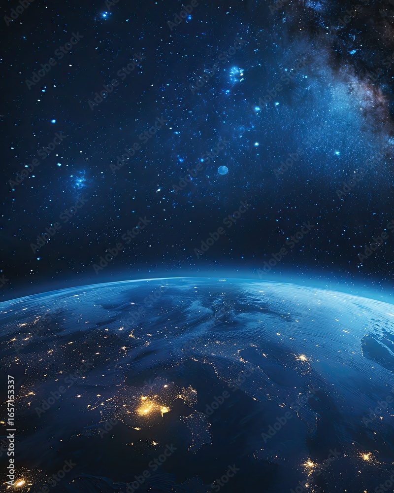 Fototapeta premium Night Earth Orbit, City Lights, Milky Way, Space Exploration, Poster