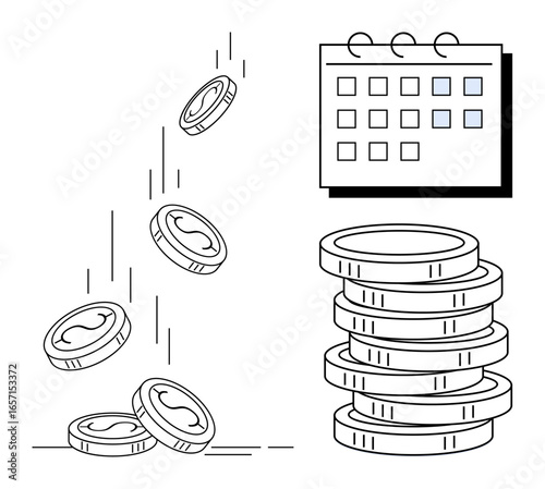 Coins falling into a stack near a calendar, highlighting concepts thumbs up investment, budgeting, growth, and time. Ideal for finance, savings, strategy, income wealth money management simple