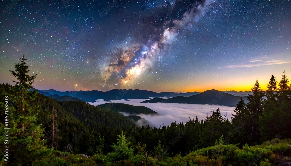 Fototapeta premium A breathtaking vista of a mountain landscape bathed in the ethereal glow of the Milky Way, with a sea of clouds at dawn.
