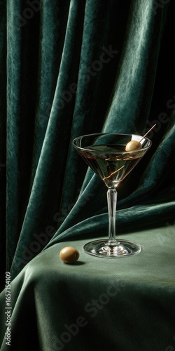 Martini glass on velvet, dark backdrop.  Elegant drink photo for bar menu