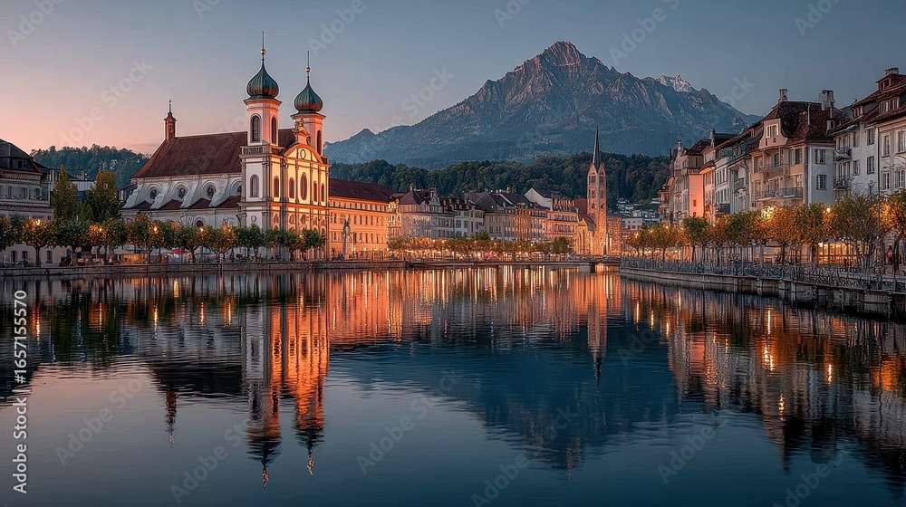 Obraz premium Evening glow over Reuss River and Jesuit Church in Lucerne, Switzerland