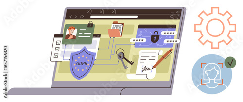 Laptop screen featuring GDPR shield, lock, folders, digital signature, biometric icon, connected lines. Ideal for cybersecurity, privacy, compliance data protection online safety regulations