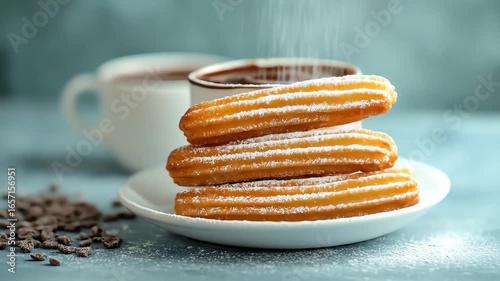 Churros dusted with powdered sugar next to cups of hot chocolate