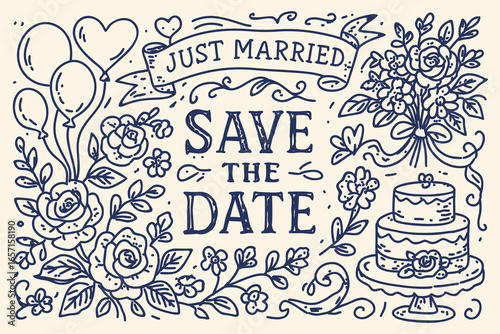 Just married. Save the date. Ink doodle vector poster