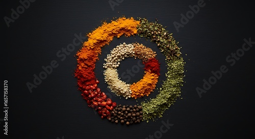 Fototapeta Naklejka Na Ścianę i Meble -  Spice Circle: A colorful array of spices is arranged in a mesmerizing spiral formation, showcasing the vibrant hues and rich textures of various seasonings, ideal for culinary, health, and wellness.