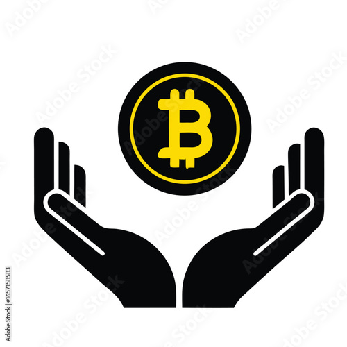"Bitcoin Support Icon – Stylized Vector of Two Hands Holding Cryptocurrency Symbol – Conceptual Illustration of Digital Finance, Blockchain Trust, and Decentralized Economy – Ideal for Crypto Wallets,